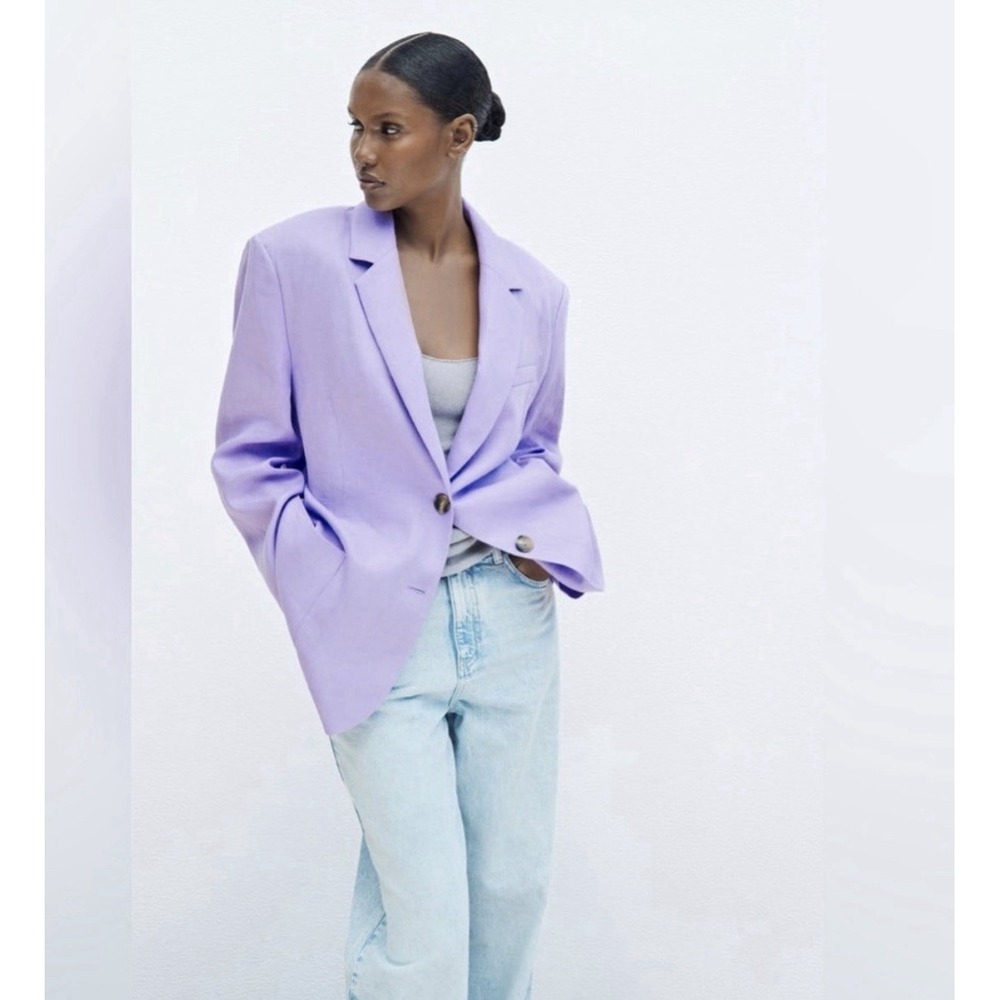 ZARA Oversized 100% Linen Blazer Jacket Lavender Lilac Purple Casual Sz-M NWOT